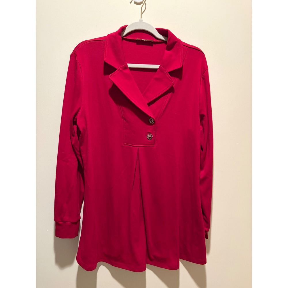 Gaharu Red Long Sleeve Tunic Top Notched Collar Rhinestone Button XL Womens